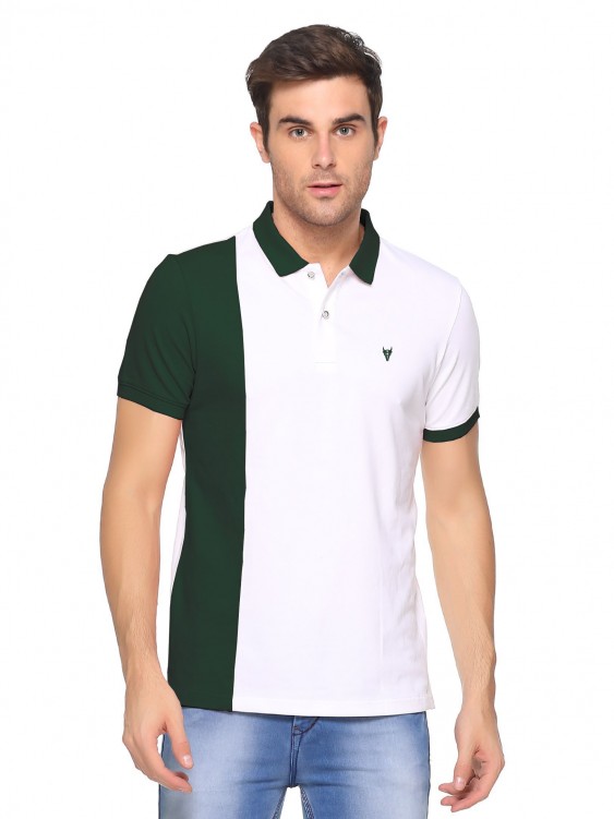 BOTTLE GREEN & White Color blocked Polo Collar T-shirt